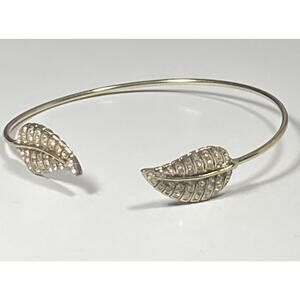 Lt Brass Gold Tone Double Leaf Rhinestone Open Cuff Wrap Bracelet Dainty